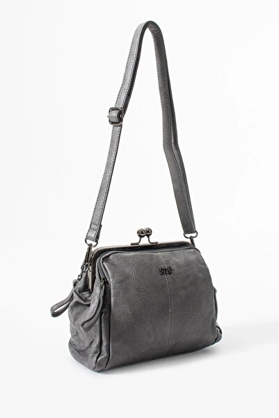 H&D COLLECTİON Gray Washed Leather Clip-On Zippered 3-Compartment Scholarship Shoulder Bag Gray Model: (571-13t)