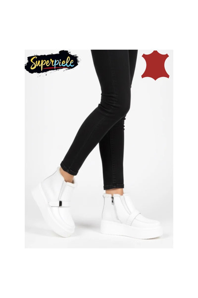 ANGEL BLUE Women's white leather boots, lined with fur, zipper, decorative buckle