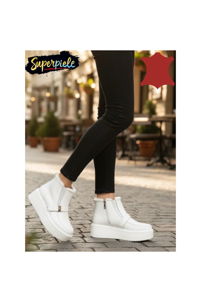 ANGEL BLUE Women's white leather boots, lined with fur, zipper, decorative buckle