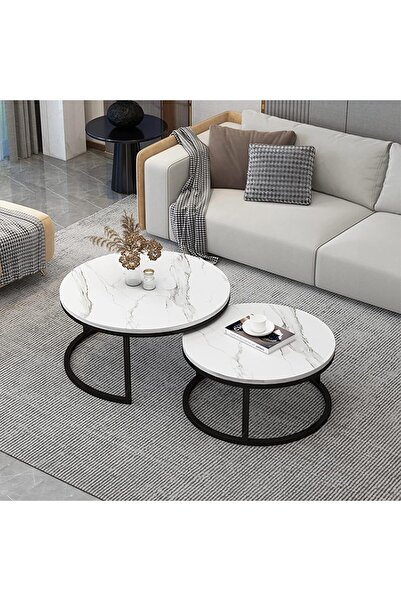 Twinkle Mart Nesting Coffee Table Set of 2, Round Marble Top with Steel Frame (White, 70+50cm)
