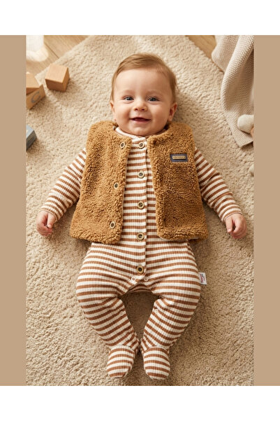 Asliva fashion Asliva Erkek Bebek Peluş Yelekli Çizgili Pamuklu Patikli Tulum...