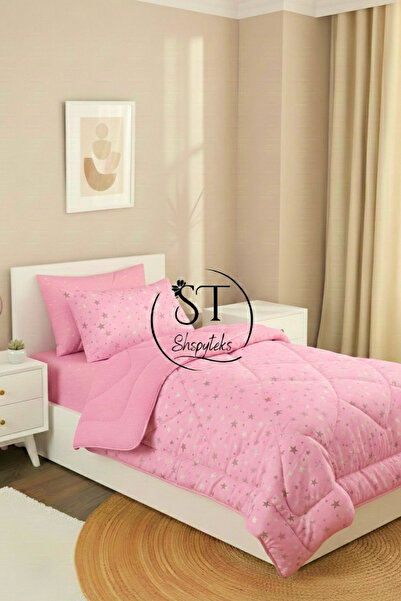 Shopyteks Single Welsoft Quilt Sleeping Set Pink Star | Fitted Sheet | Dowry Set | Dowry Set