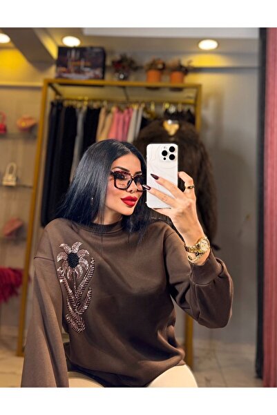 MODA BİSİKLET YAKA BONCUKLU ÇİÇEK DETAYLI KAHVERENGİ SWEATSHIRT