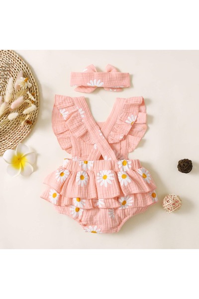 OEM Daisy-print crepe fabric romper, 100% cotton