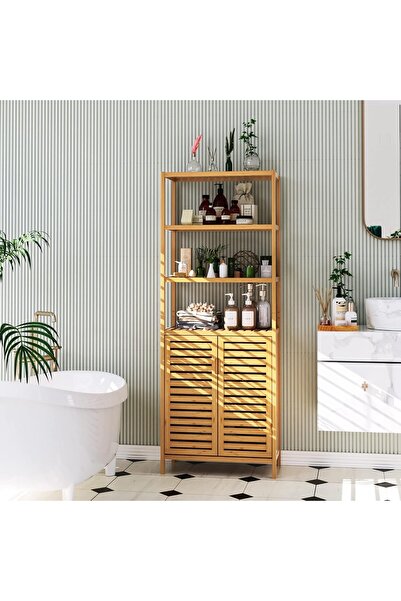 Begin Power Bambu Banyo Dolabı 6 Raflı Kapaklı Salon Mutfak Çalışma Odası Dol...