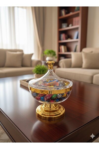 ABAREEK Clear acrylic candy dish with a gold strap and base, elegant design, 18 cm