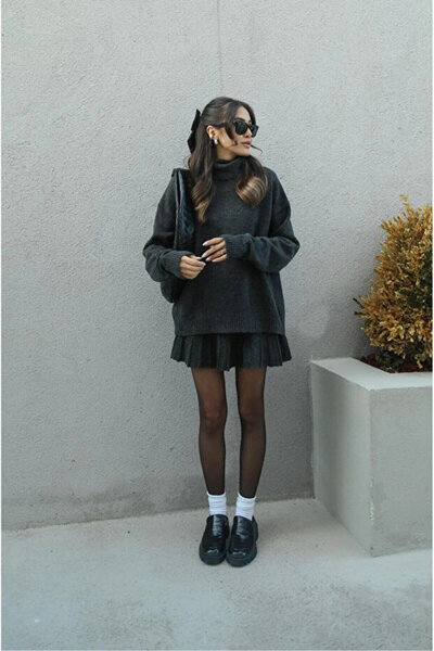 GALAVİP Women's Premium Soft Textured Pleated Mini Skirt Fisherman Sweater Bottom Top Knitwear Set