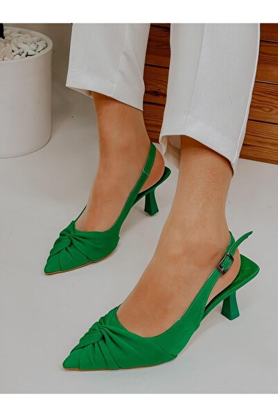 BerilinButiği Green Satin (Ribbon) Bow Detail Women's Stiletto