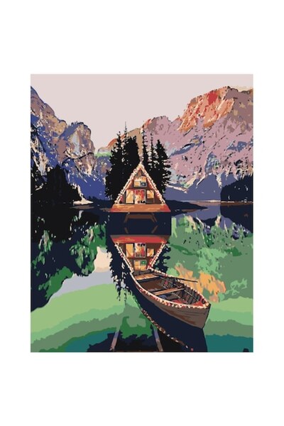 Painting by numbers Set pictura pe numere Cabana langa lac, panza bumbac pe rama lemn, 90x120 cm, 3 pensule, vopsea