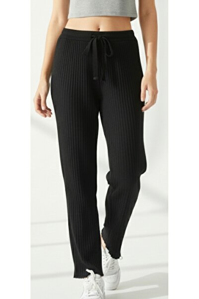 noend Siyah Fitilli Triko Örme Geniş Paça Bağcık Detaylı Rahat Şık Kadın Pant...