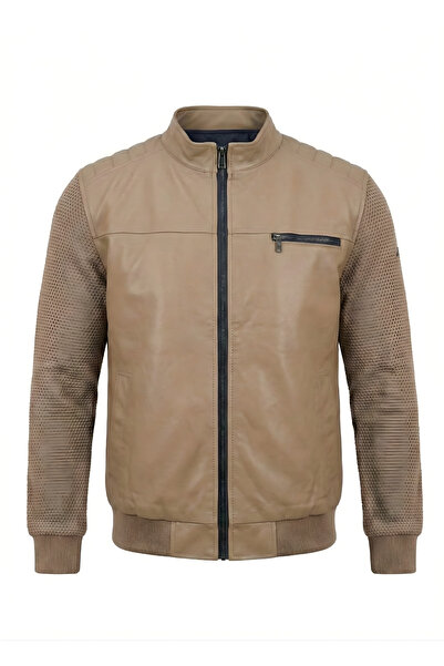 ixir Мъжка кожена яке с ръкави от стоманена плетена материя и цип на гърдите Taba