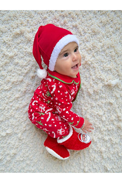 Minizade Peter Pan collar New Year Themed 100% Cotton Pompom Hat and Slippers Set of 4