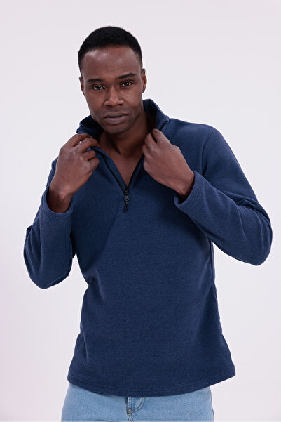 freemen Men's Navy Blue Fit Mock Neck Half Zipper Sweatshirt Fleece