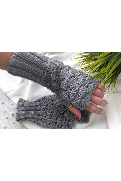 ZeynDesign Trendy Gri Desenli El Yapımı Parmaksız Eldiven