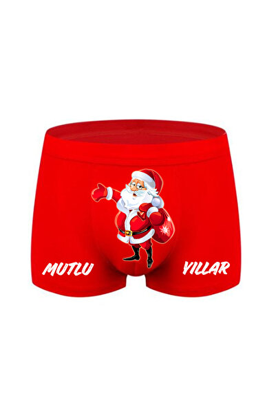 HediyeMania Sarılan Noel Baba Baskılı Yılbaşı Hediyesi Espirili Kırmızı Erkek Boxer Pamuklu