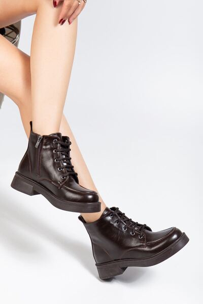 Zerenyus Zri̇n-2001 Premium Brown Wrinkled Patent Leather Lace-Up Zippered Winter Women's Boots