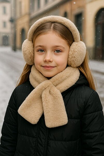 BALIENTE Bej Yumuşak Dokulu Peluş Kız Çocuk Kulaklık ve Boyunluk 2’li Set