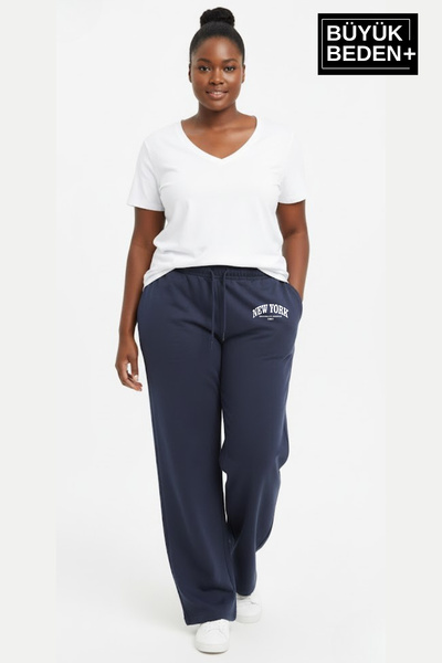 Superlife Women's Plus Size New York Printed Relaxed Fit Elastic Waistband Flared Sweatpants Spr26Eak952-5