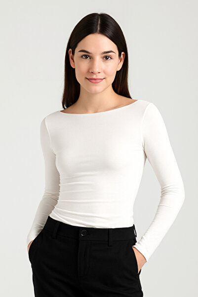 RABTEKS Дамска блуза с дълъг ръкав, екрю цвят и ултра мека материя, с деколте тип лодка