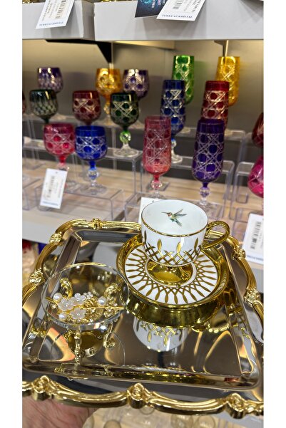 Vakıf home 6 Adet Döküm Ayaklı Cam İncili Gold Drajelik Lokumluk Kahve Yanı