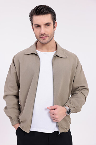 Firststops Men's Khaki Gabardine Fabric Zippered Oversized Transitional Jacket