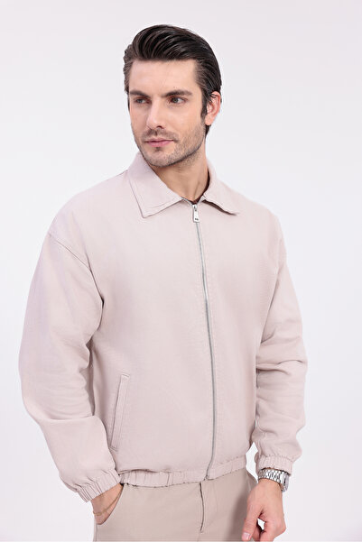 Firststops Men's Beige Gabardine Fabric Zippered Oversized Transitional Jacket