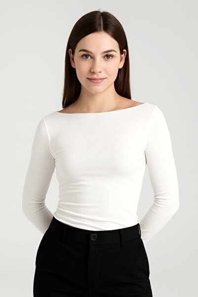 RABTEKS Дамска блуза с дълъг ръкав, екрю цвят и ултра мека материя, с деколте тип лодка