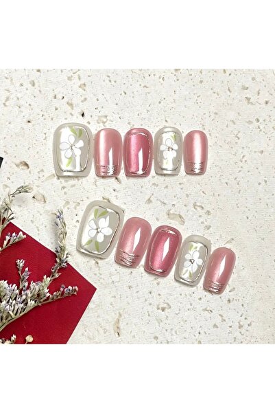 Accessories Hei Pembe Kare Kesim Kendinden Yapışkanlı Takma Tırnak Seti 10 Ad...