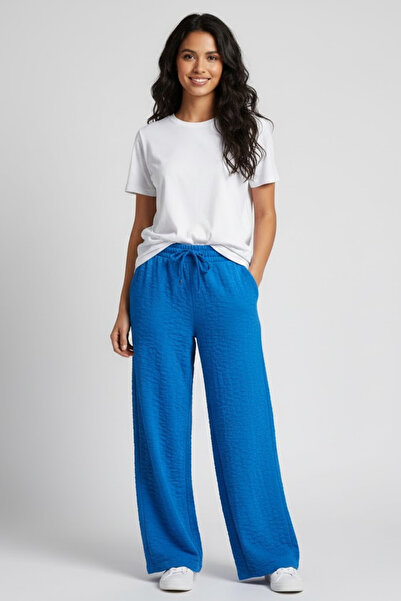 Superlife Women's Wrinkled Fabric Wide Leg Pants – Comfortable Fit – Blue