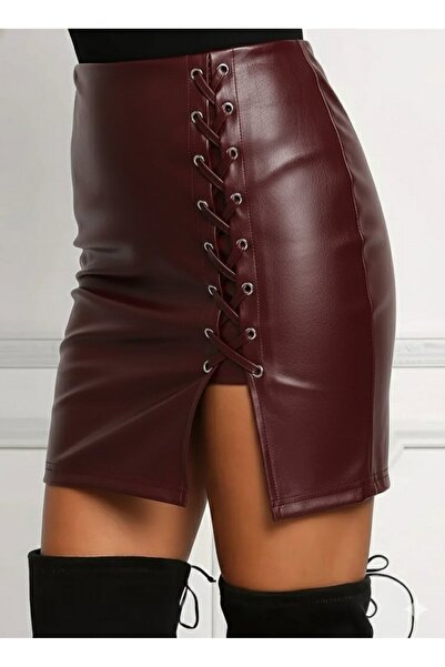 JANES Women's High Waist Side Cross Lace-Up Slit Mini Leather Skirt