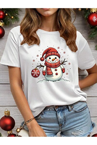 EYMORA تي شيرت نسائي مريح بأكمام قصيرة وياقة دائرية بنمط رجل الثلج وندفة الثل...