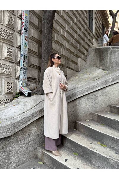 mysimy Angora Fur Overcoat with Rabbit Fur Effect and Snap Button Detail