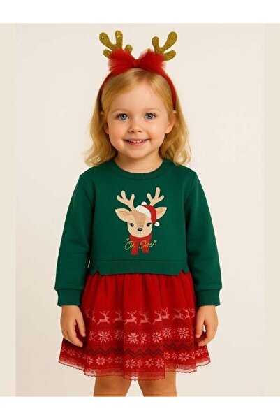 Zekids Girl's Christmas Themed Dress with Deer and Crown Gift