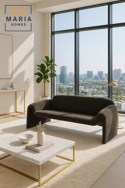 MARIA HOMES Modern Gray Sofa – Curved Fabric 3-Seater for Living Room & Lounge Spaces