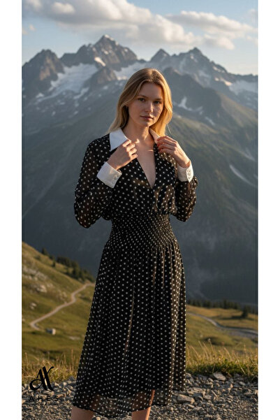 AHES KADIN YAKA VE KOL DETAY PUANTİYELİ ŞİFON ELBİSE