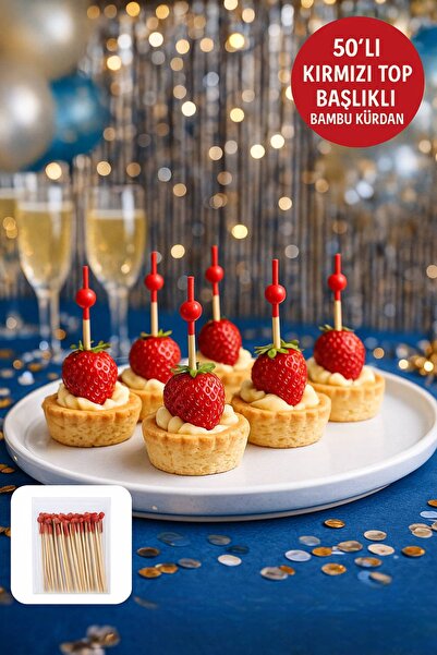 TOYFEST 50-Piece Red Ball Head Bamboo Toothpicks – Dessert, Canape, and Cockt...