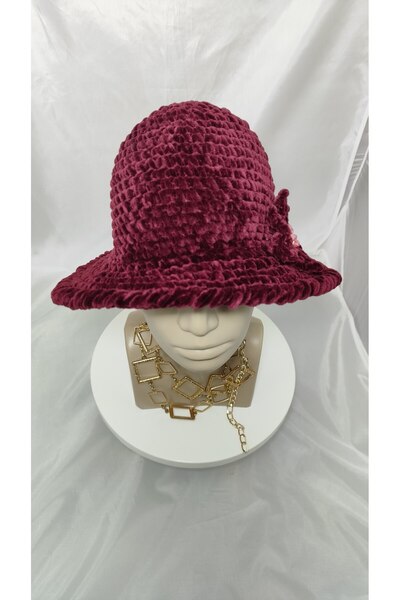 drt tasarım Kadın Kadife Şapka Geniş Kenar Bordo Rengi DRT-HAT-0267