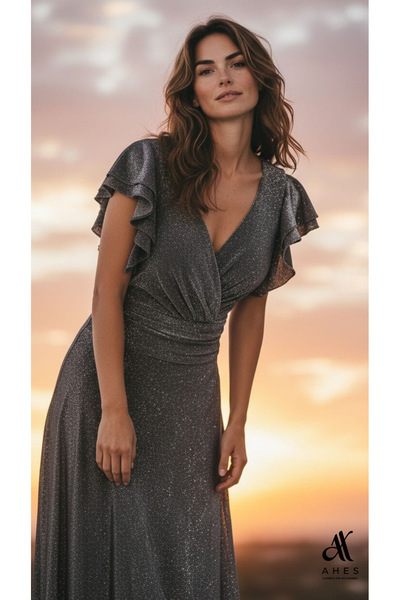 AHES KADIN SİYAH GÜMÜŞ SİMLİ KOL DETAYLI UZUN ABİYE ELBİSE