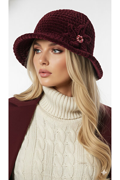 drt tasarım قبعة مخملية ذات حافة عريضة باللون العنابي