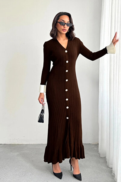 Lusin Γυναικείο καφέ κομψό φόρεμα μακρύ πλεκτό με κουμπιά στο μανίκι