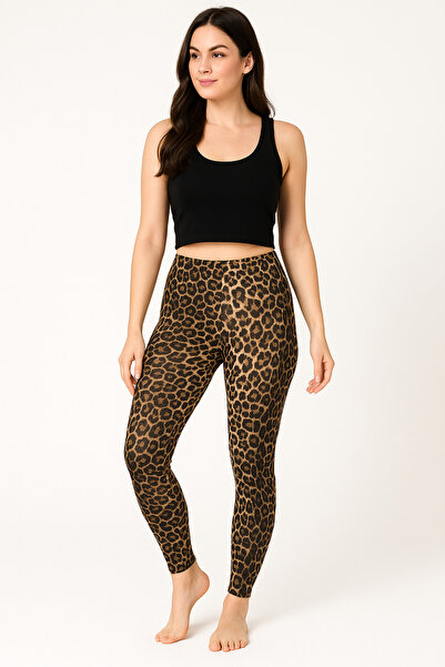 BYEN GİYİM Kadın Likralı Leopar Desenli Tam Boy Tayt