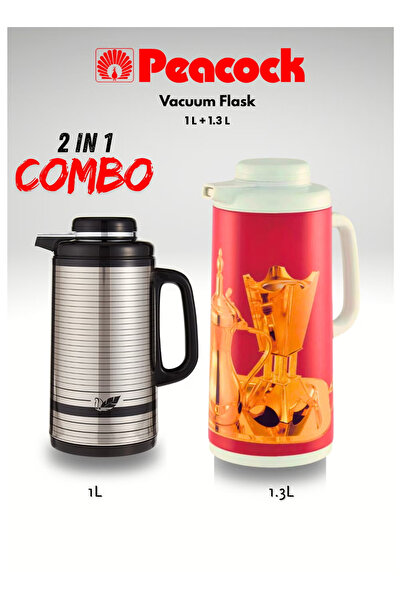 Peacock 2-in-1 Vacuum Flask Combo Set – 1L + 1.3L – Double Wall Stainless Steel & Insulated Design