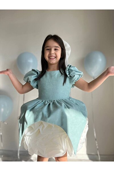 Sare Çocuk Giyim Turquoise Velvet Skirt with White Rose Motif Special Design Girl's Evening Dress Birthday Princess Dress +Buckle