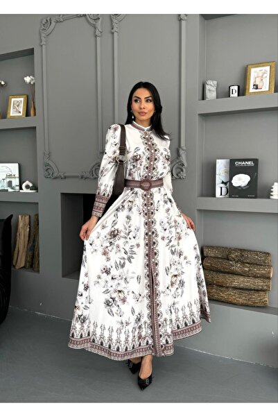 MSN Atlas Fabric Dress with Front Buttons (Including Belt) Brown-White 2599