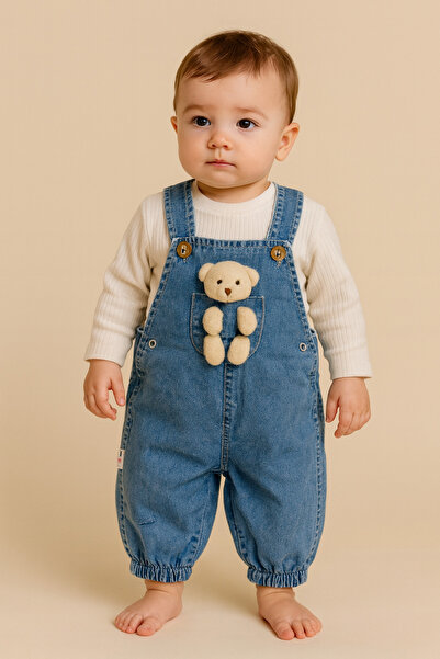 BEBEXO KIDS Unisex Ayıcıklı Bebek Kot Salopet(Tulum) Çizgili Body 2'li Takım (9-12-18 Ay)