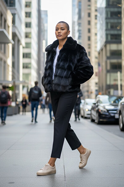 SEMİZ GİYİM Dalgalı Kısa Kürk Siyah Mont