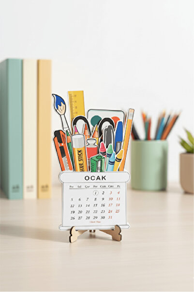 Ayza Tasarım 2026 Ahşap Ayaklı Kırtasiye Malzemeleri Temalı Masa Takvimi | Öğrenci & Öğretmen Hediyesi