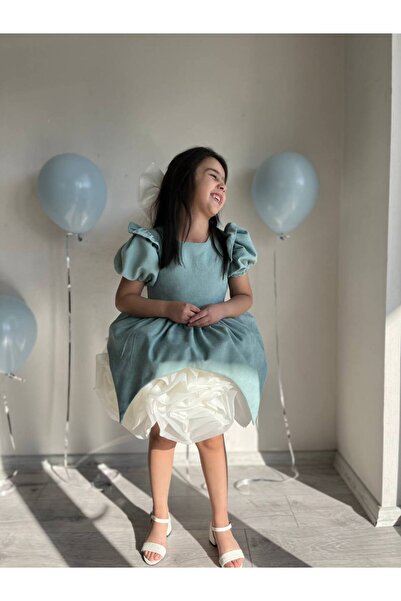 Sare Çocuk Giyim Turquoise Velvet Skirt with White Rose Motif Special Design Girl's Evening Dress Birthday Princess Dress +Buckle