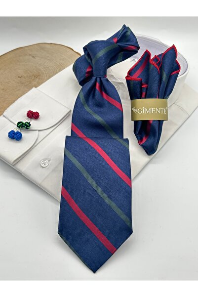 Gutiero Navy Blue Striped Classic Tie with Handkerchief