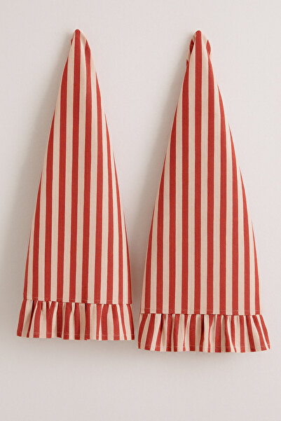 Mirilliahome Kırmızı Fırfırlı 2’li Kurulama Bezi Seti Keten Çizgili Mutfak Havlusu